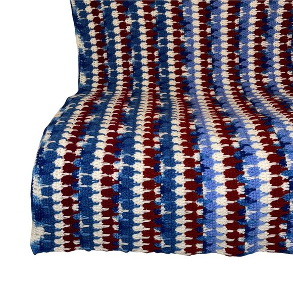Handmade Hand Crafted Patriotic USA Striped Crocheted Blanket Throw 51x44 - Picture 9 of 10